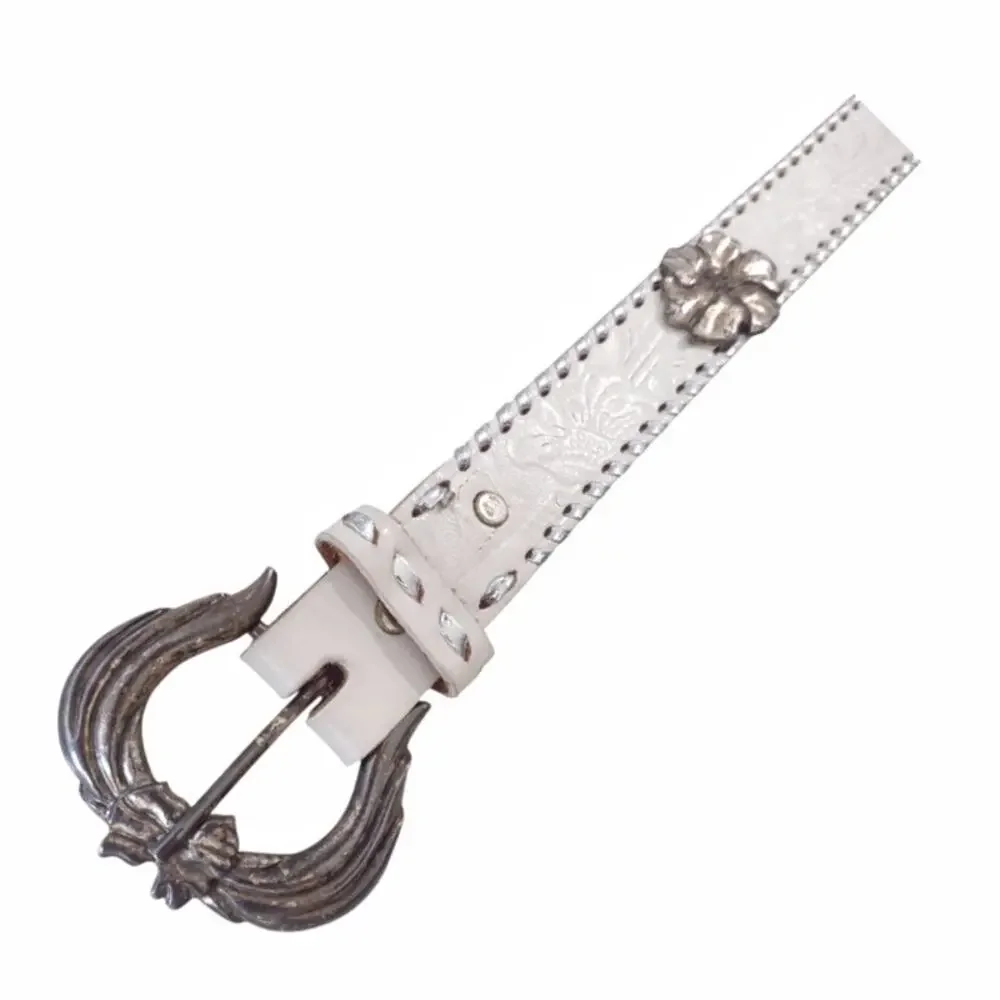 Western Tooled Leather Belt Size L Metallic Silver Braid with Flower Hardware